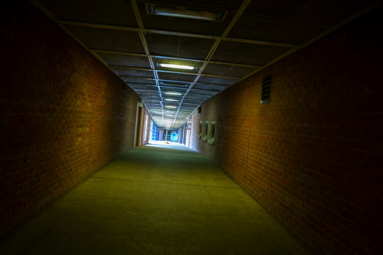 An enclosed corridor between wings inside Swaleside prison